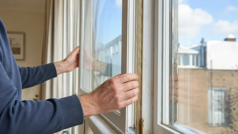 Persoon monteert een voorzetraam op oud enkel glas met tochtstrips langs de kozijnrand in een Vlaamse woonkamer
