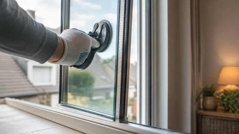 Close-up van HR-glas dat met een zuignap in een wit PVC-raamkozijn wordt geplaatst in een Vlaamse woonkamer, spacer en kit zichtbaar.