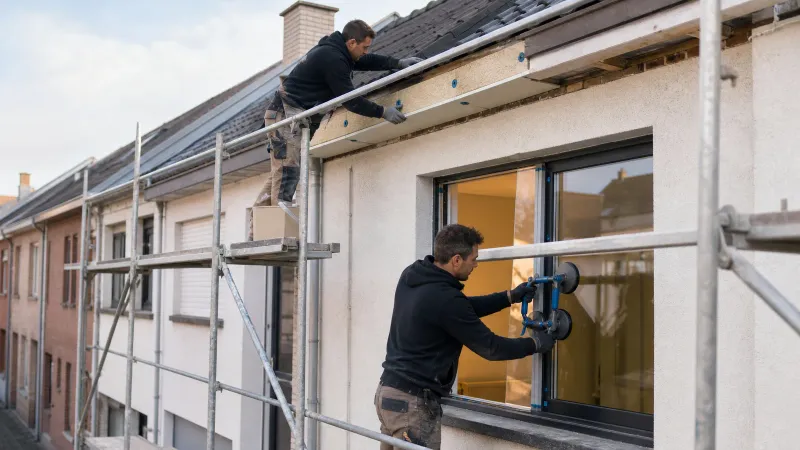 Buitenaanzicht van rijwoning met stelling waarop dakisolatie wordt geplaatst en tegelijk HR-glas in het raamkozijn wordt gemonteerd