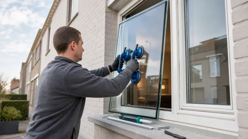 Vakman plaatst nieuw HR-glas in bestaand wit pvc-kozijn van een Vlaamse woning met zuignappen en afdichtingsmateriaal zichtbaar