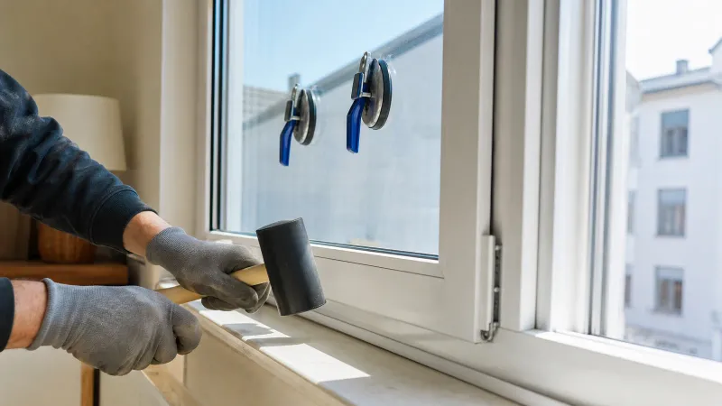 Close-up van witte kunststof kozijnprofiel met HR++ glas, monteur plaatst glaslat met zuignappen nog op het glas, binnenaanzicht woonkamer