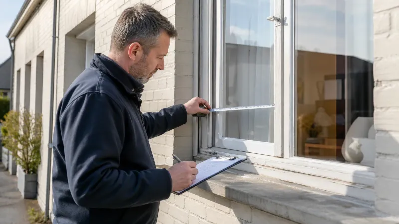 Vakman meet buiten aan de gevel een bestaand raam op bij een gewone Vlaamse woning voor een offerte HR-glas