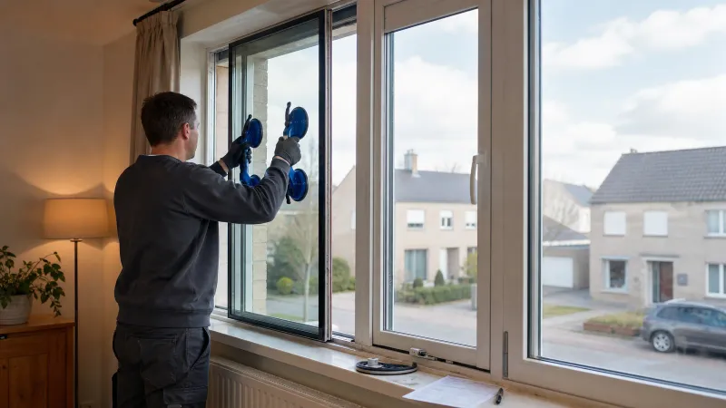 Vakman plaatst HR-glas in kozijn met zuignappen, factuur en pen liggen op de vensterbank in een woonkamer