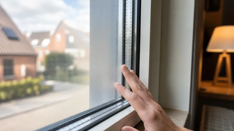 Close-up van dubbel glas in een raamkozijn met wazige condens tussen de glasplaten, hand raakt de binnenkant van het glas aan