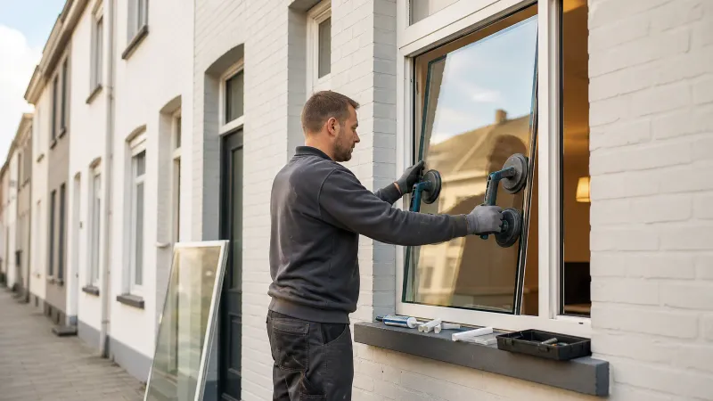 Buiten aan een rijwoning plaatst een vakman nieuw HR++ glas in een wit PVC-kozijn met behulp van glaszuignappen en gereedschap.