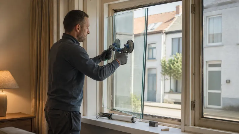 Vakman plaatst met zuignappen nieuw isolerend glas in bestaand raamkozijn in woonkamer van doorsnee Vlaamse woning
