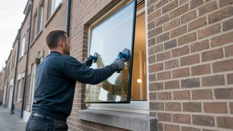 Buitenopname van een installateur die met hefzuignappen een dubbel glasraam plaatst in een oude bakstenen gevel van een Vlaamse rijwoning