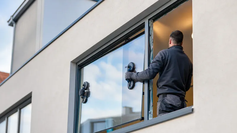 Buitenopname van aluminium raamkozijn bedrijfspand waarin HR-glas met zuignappen wordt geplaatst, kit en afstandhouders zichtbaar