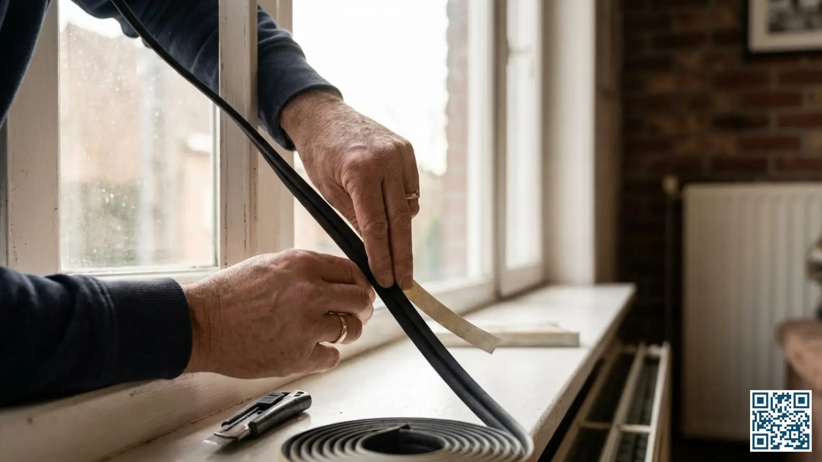 Handen brengen zelfklevende tochtstrip aan op wit raamkozijn in een Belgische woning