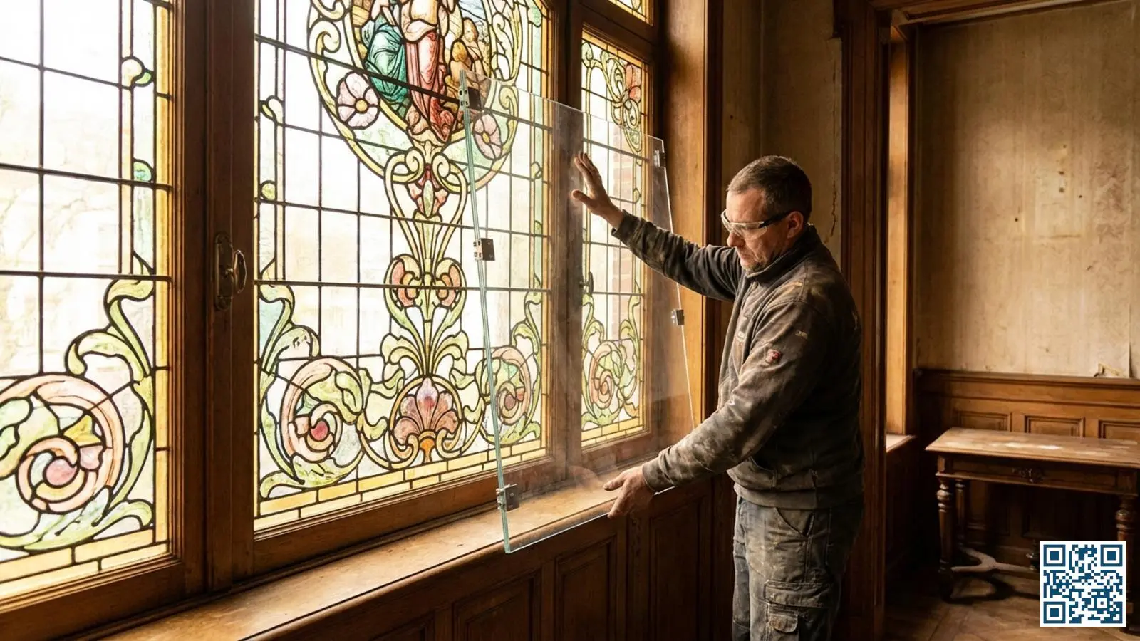 Specialist monteert een voorzetraam voor een art nouveau glas-in-loodraam in een Belgisch herenhuis