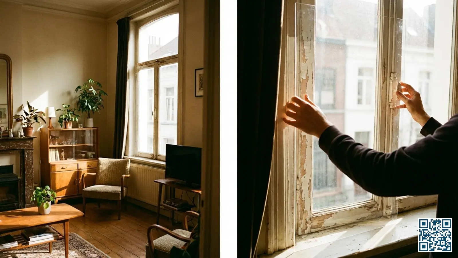 Voorzetraam in plexiglas wordt aan de binnenzijde van een traditioneel Belgisch raam gemonteerd met zichtbare luchtspouw