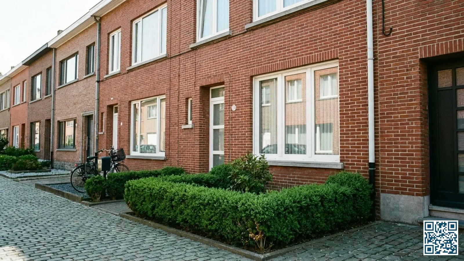 Belgische rijwoning met moderne witte PVC-ramen voorzien van HR-glas en typische rode bakstenen gevel