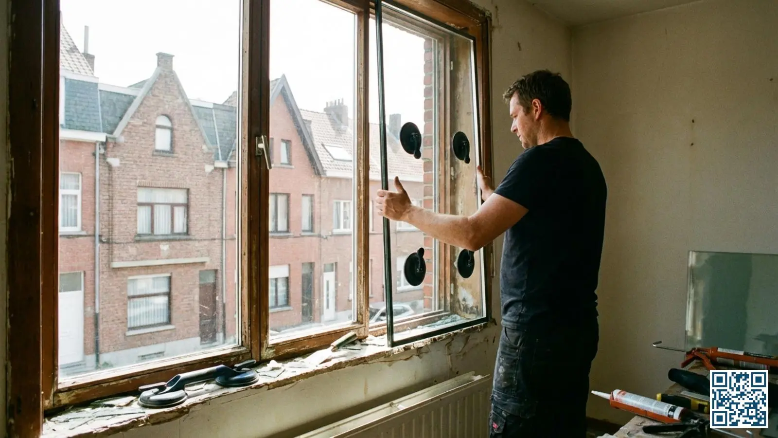 Vakman plaatst nieuw HR-glas in bestaand houten kozijn van Belgische rijwoning tijdens glaswissel