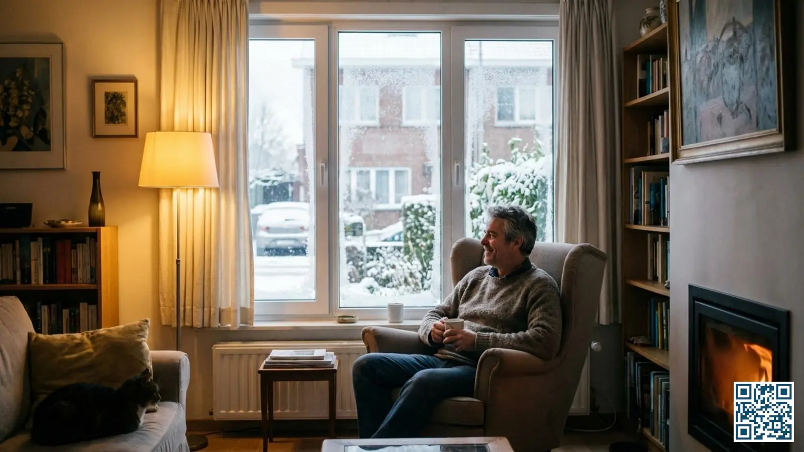 Tevreden Belgische woningeigenaar zit comfortabel bij modern HR-glas raam in woonkamer op winterdag