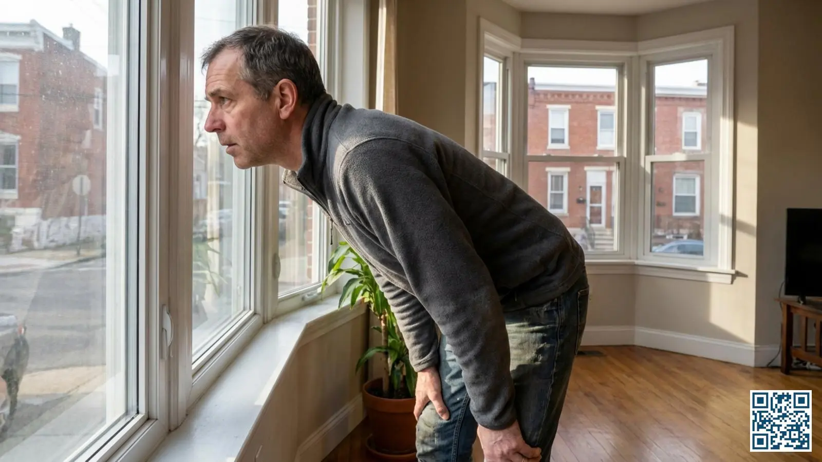 Woningeigenaar bekijkt raam van dichtbij om het glastype te bepalen in een Belgische rijwoning