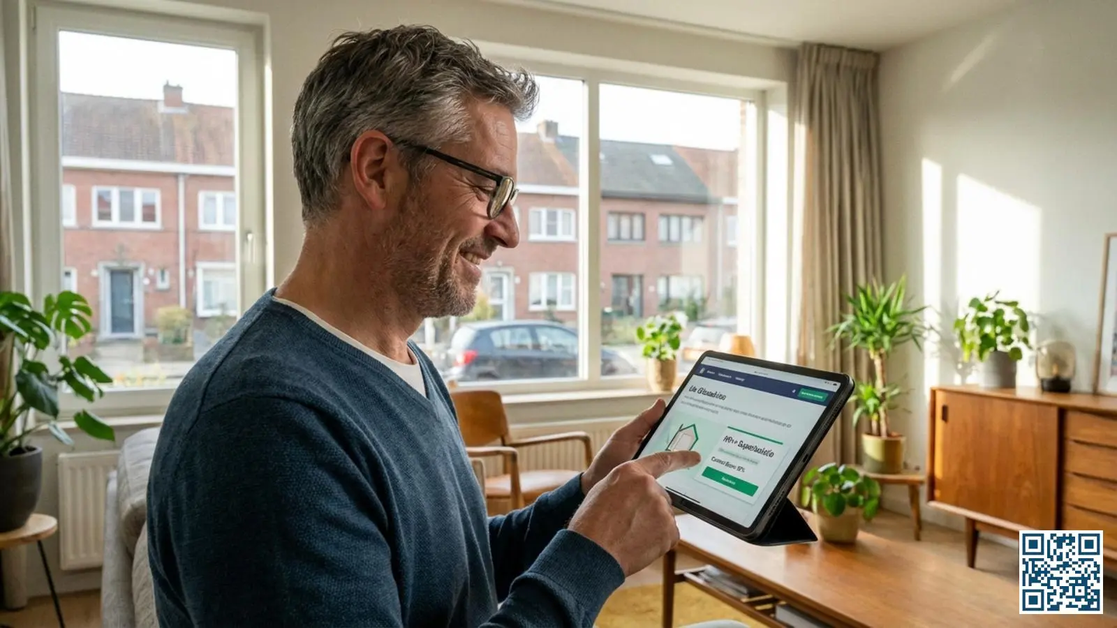 Belgische woningeigenaar bekijkt gepersonaliseerd glasadvies op tablet in moderne woonkamer met grote ramen