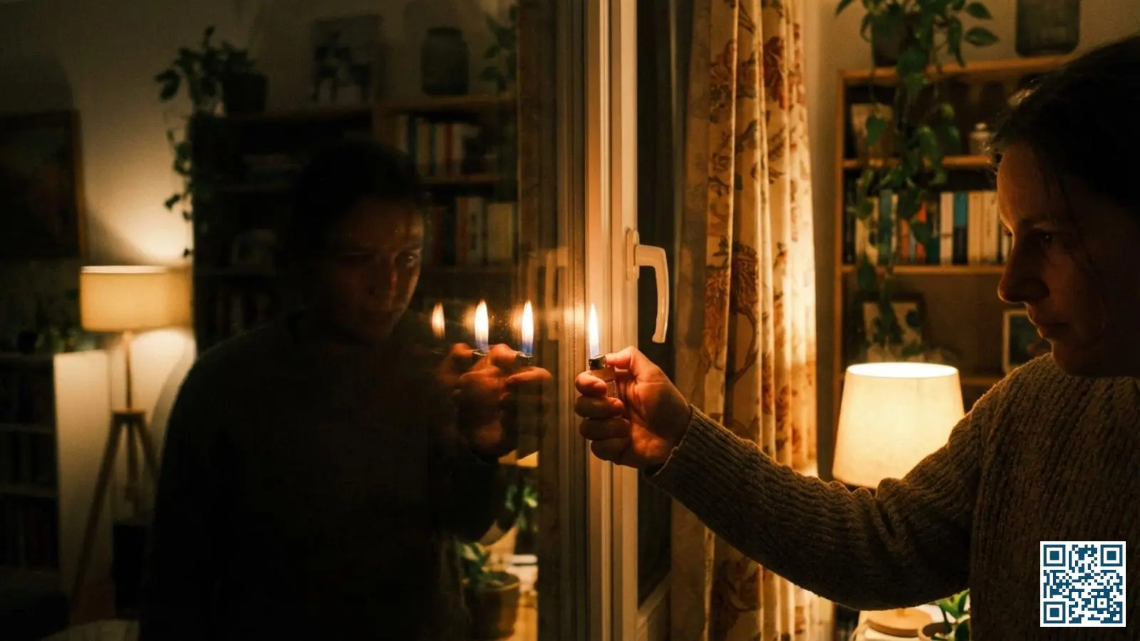 Woningeigenaar voert de vlamtest uit op een raam in een Belgische rijwoning om het glastype te herkennen aan de kleur van de reflecties