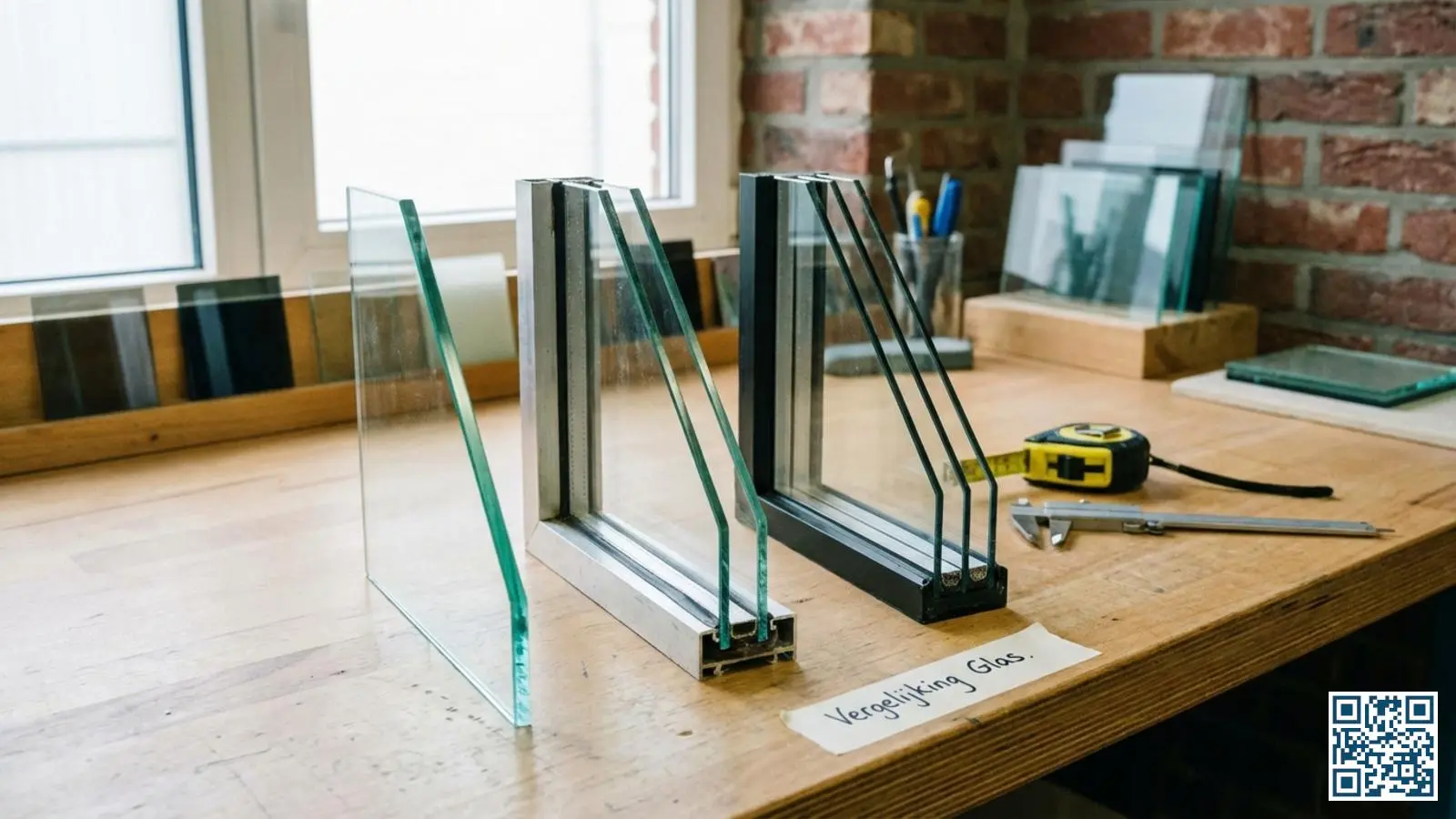Doorsnede van drie glastypen naast elkaar op een werktafel: enkelglas, oud dubbelglas met aluminium spacer en modern HR++ glas met zwarte warm-edge spacer