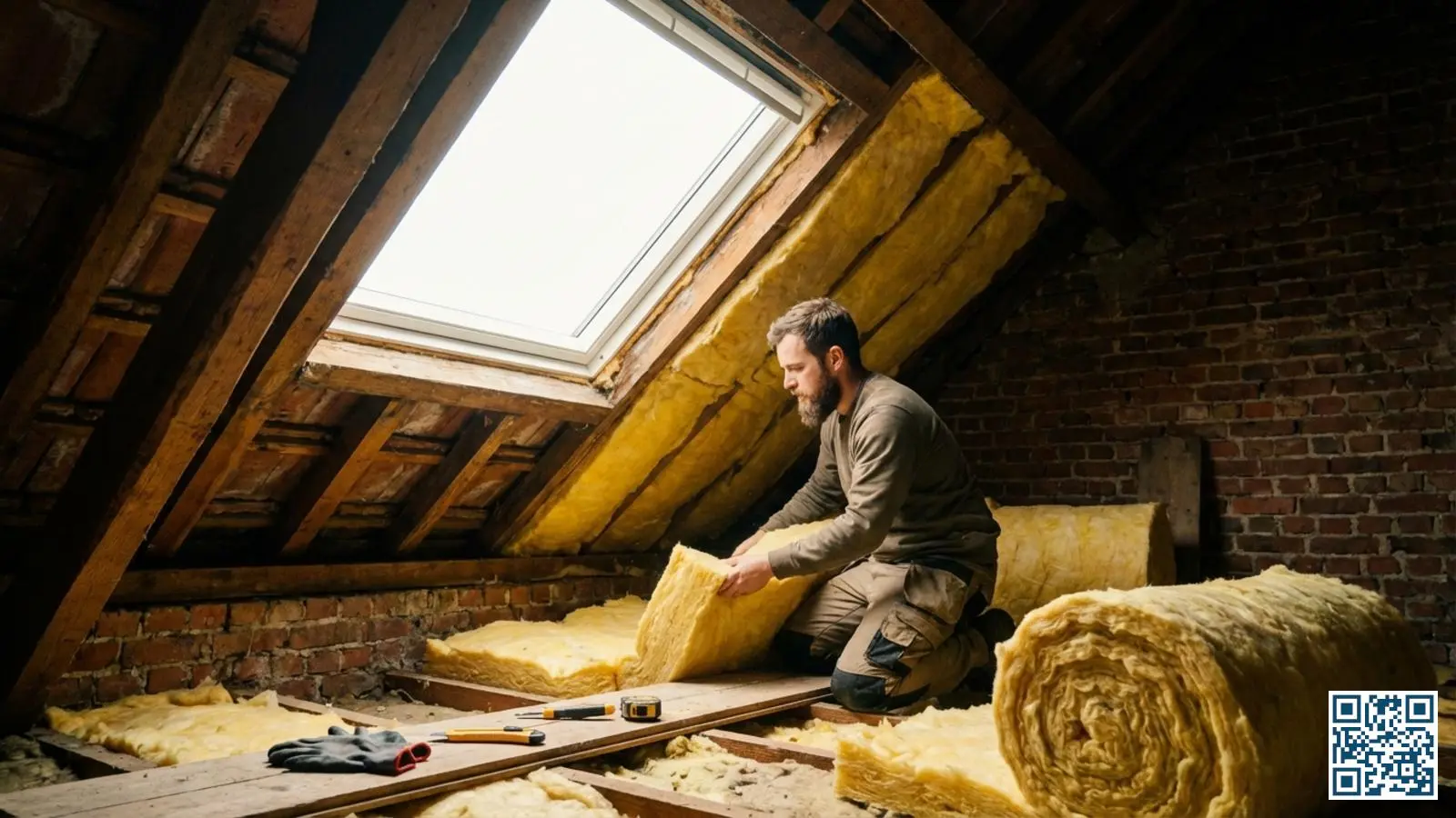 Vakman installeert dakisolatie tussen houten spanten naast een dakraam met HR-glas in een Belgische zolder