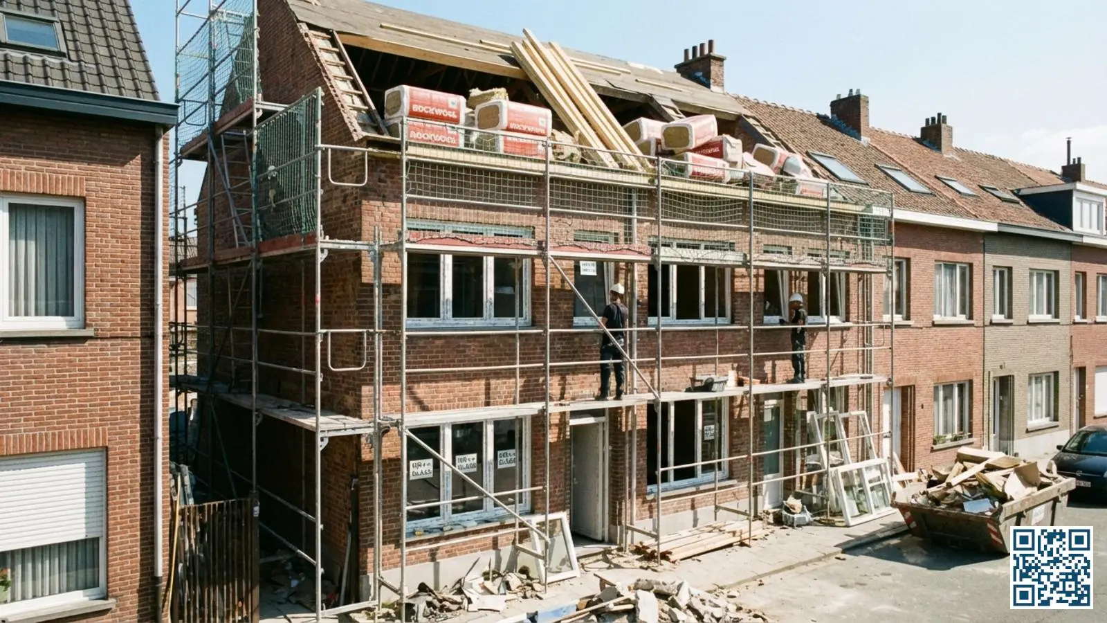 Belgische rijwoning tijdens renovatie met gelijktijdige plaatsing van HR-glas en dakisolatie zichtbaar op de stelling