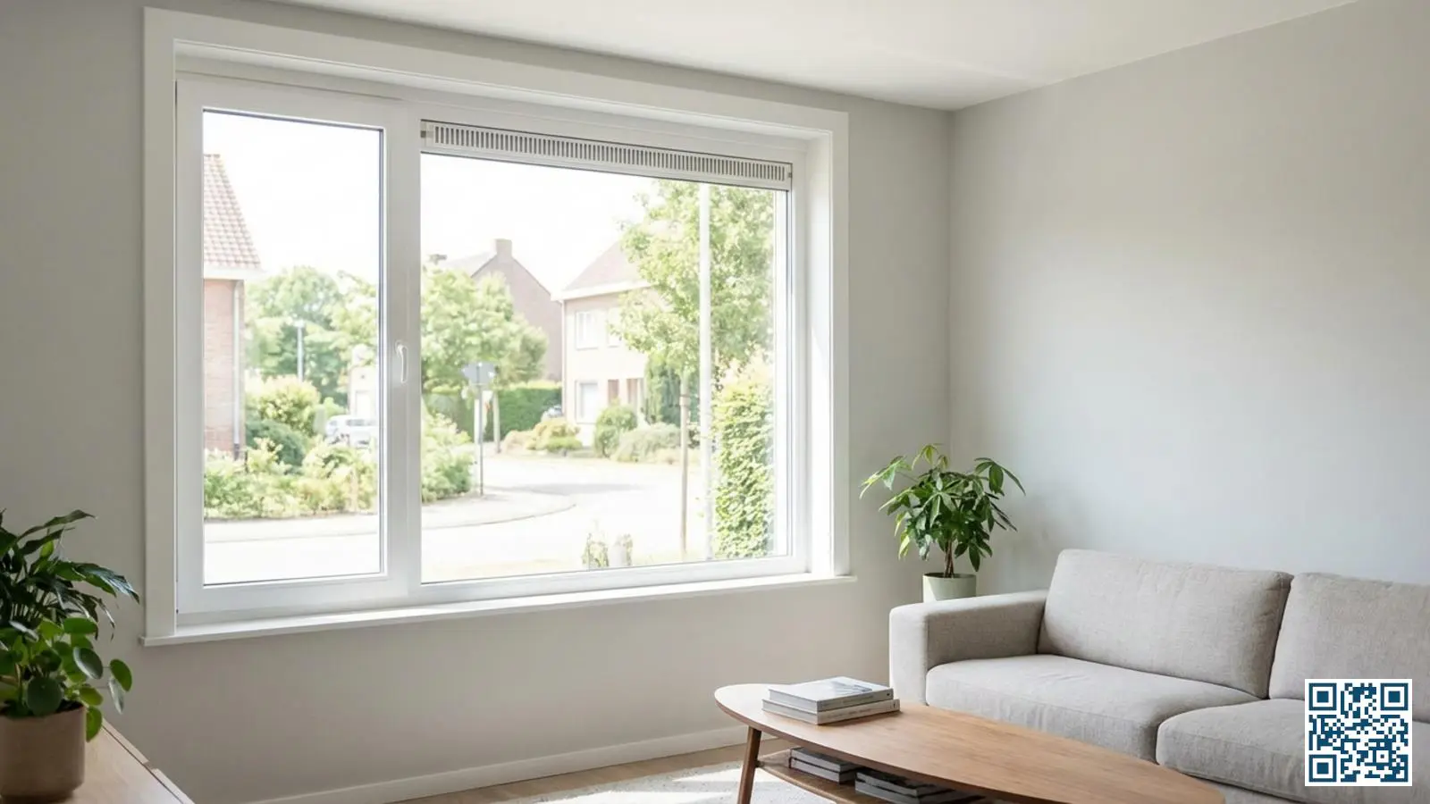 Wit PVC-raamkozijn met geïntegreerd ventilatierooster in een moderne Belgische woning met veel daglicht