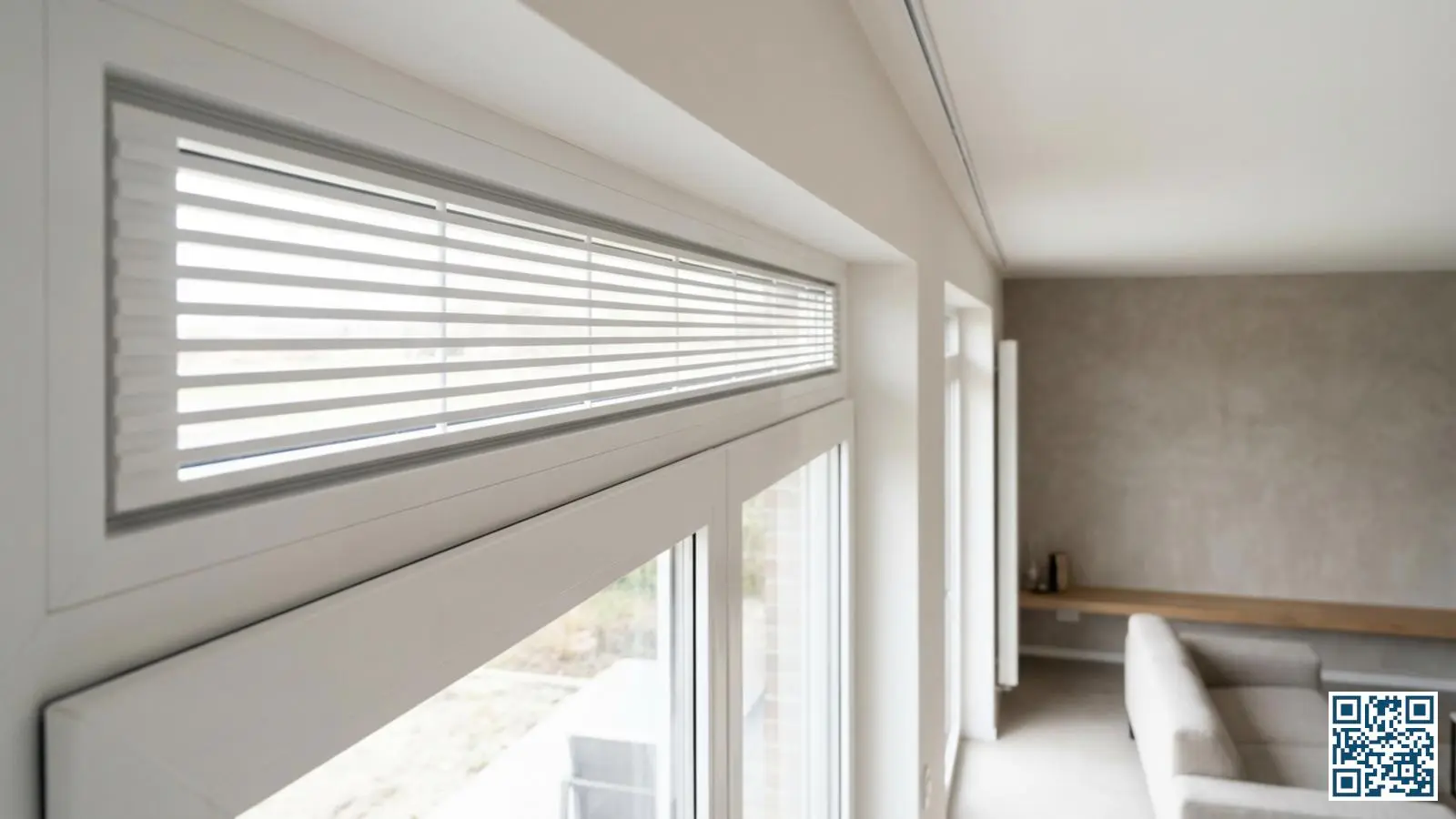 Wit zelfregelend ventilatierooster geïntegreerd in de bovenkant van een PVC-kozijn met HR-glas in een Belgische woonkamer