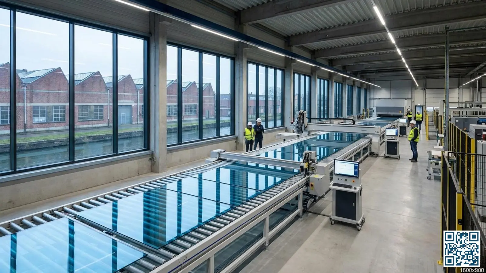 Productielijn van AGC Glass Europe in België met grote glasplaten die langs de coatinginstallatie bewegen