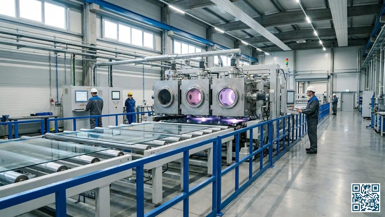 Industriële productielijn voor HR-glas coating met grote glasplaten die door magnetron-sputtering machines bewegen in een moderne fabriek