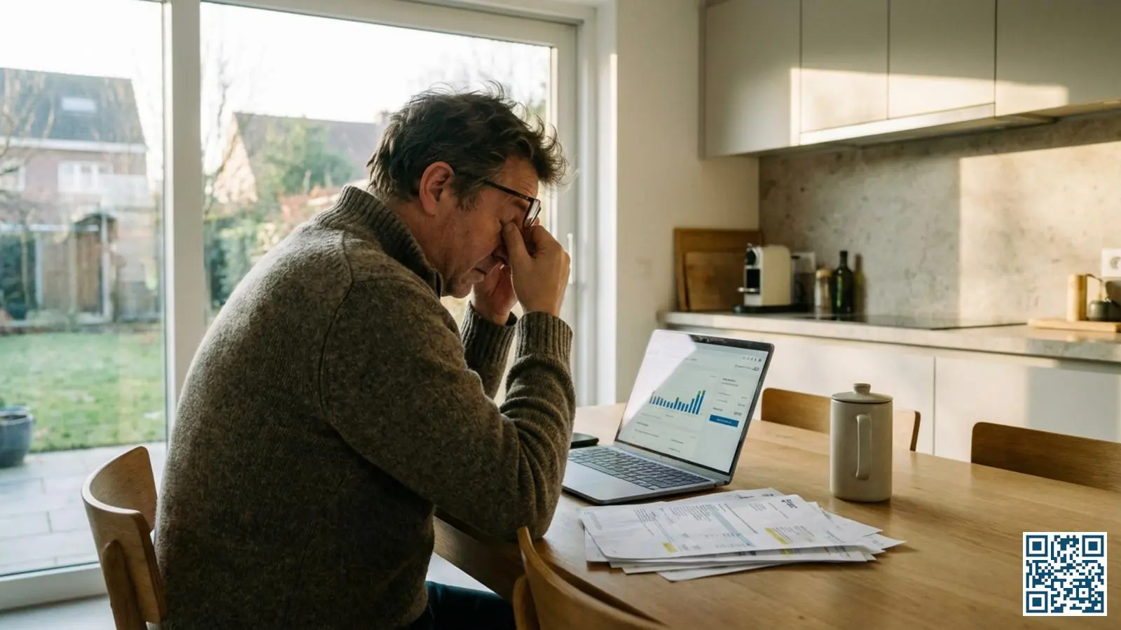 Huiseigenaar berekent energiebesparing met HR-glas aan keukentafel met laptop en energierekeningen