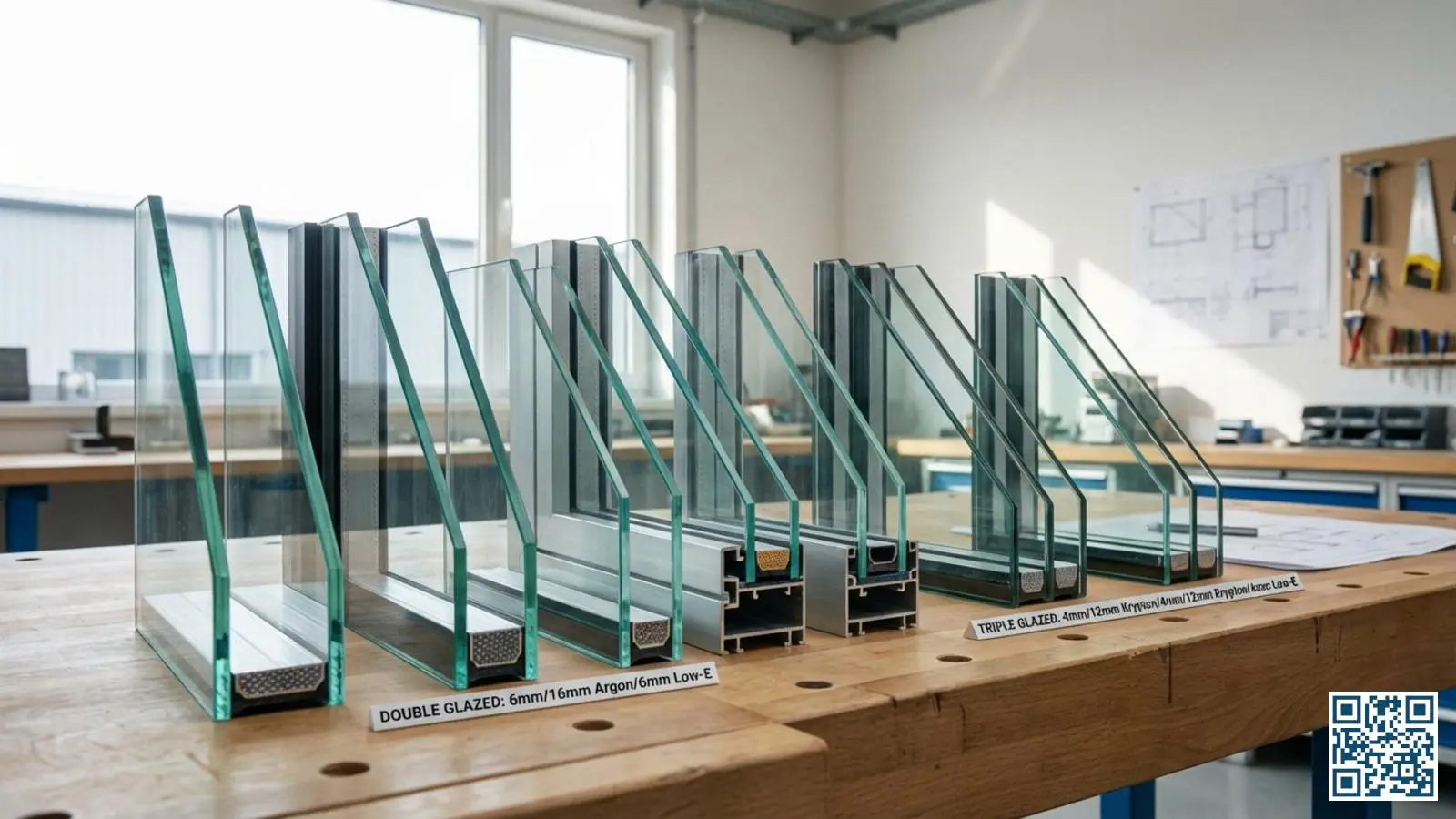 Verschillende glasmonsters van HR-glas, HR++ glas en triple glas naast elkaar op een werkbank in daglicht