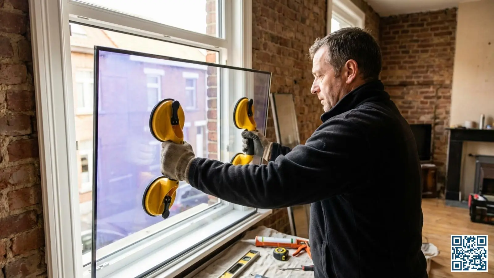 Vakman plaatst nieuw HR++ glas in wit PVC-kozijn van een Belgische rijwoning met professioneel gereedschap