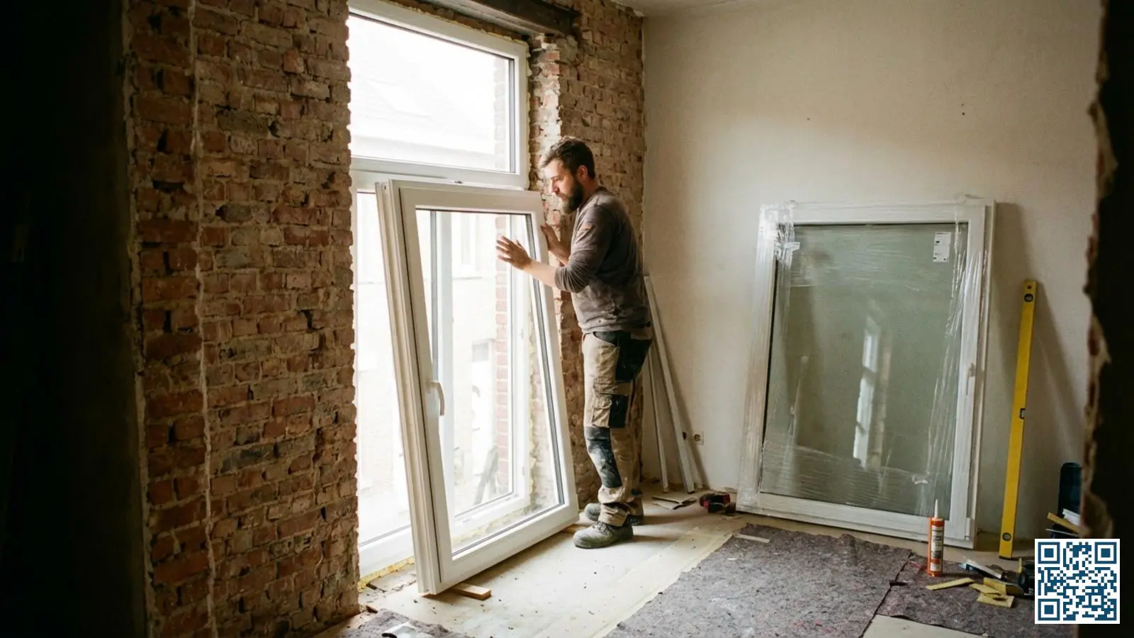 Schrijnwerker plaatst nieuw PVC-kozijn met HR-glas in een Belgische rijwoning tijdens complete raamvervanging