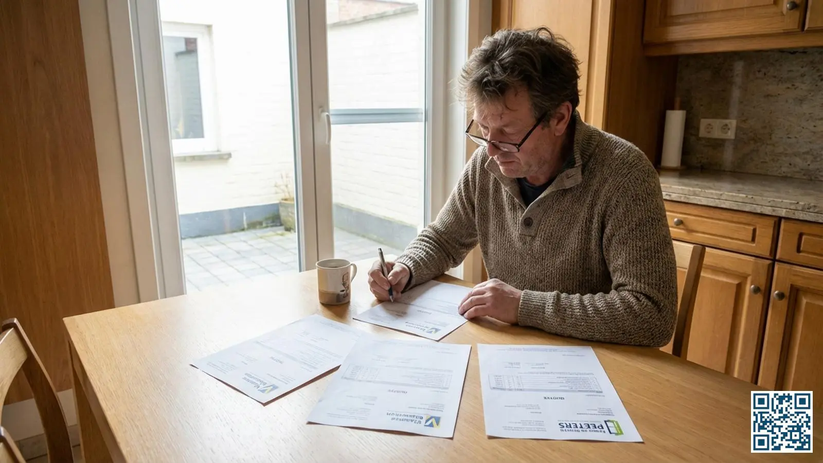 Vlaamse woningeigenaar vergelijkt meerdere papieren offertes voor HR-glas aan de keukentafel met daglicht door het raam