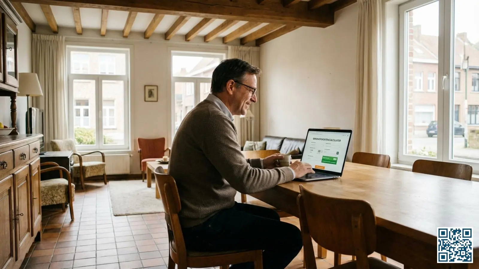 Woningeigenaar bekijkt kostenindicatietool voor HR-glas op laptop in lichte Belgische woonkamer met moderne ramen