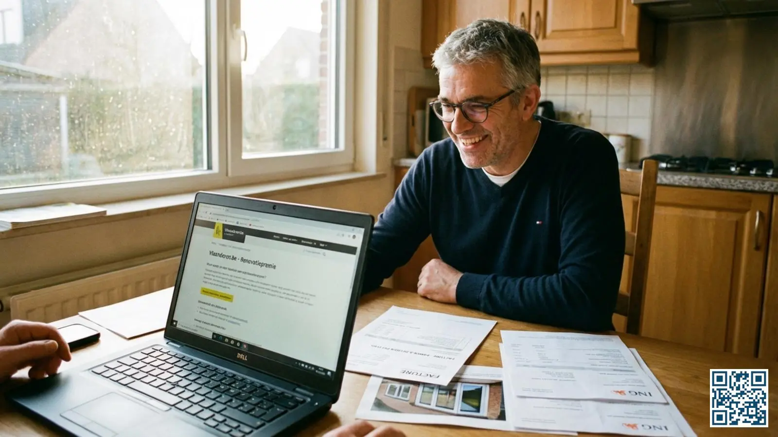 Vlaamse woningeigenaar bereidt premieaanvraag voor met laptop en documenten op keukentafel bij daglicht door nieuw HR-glas