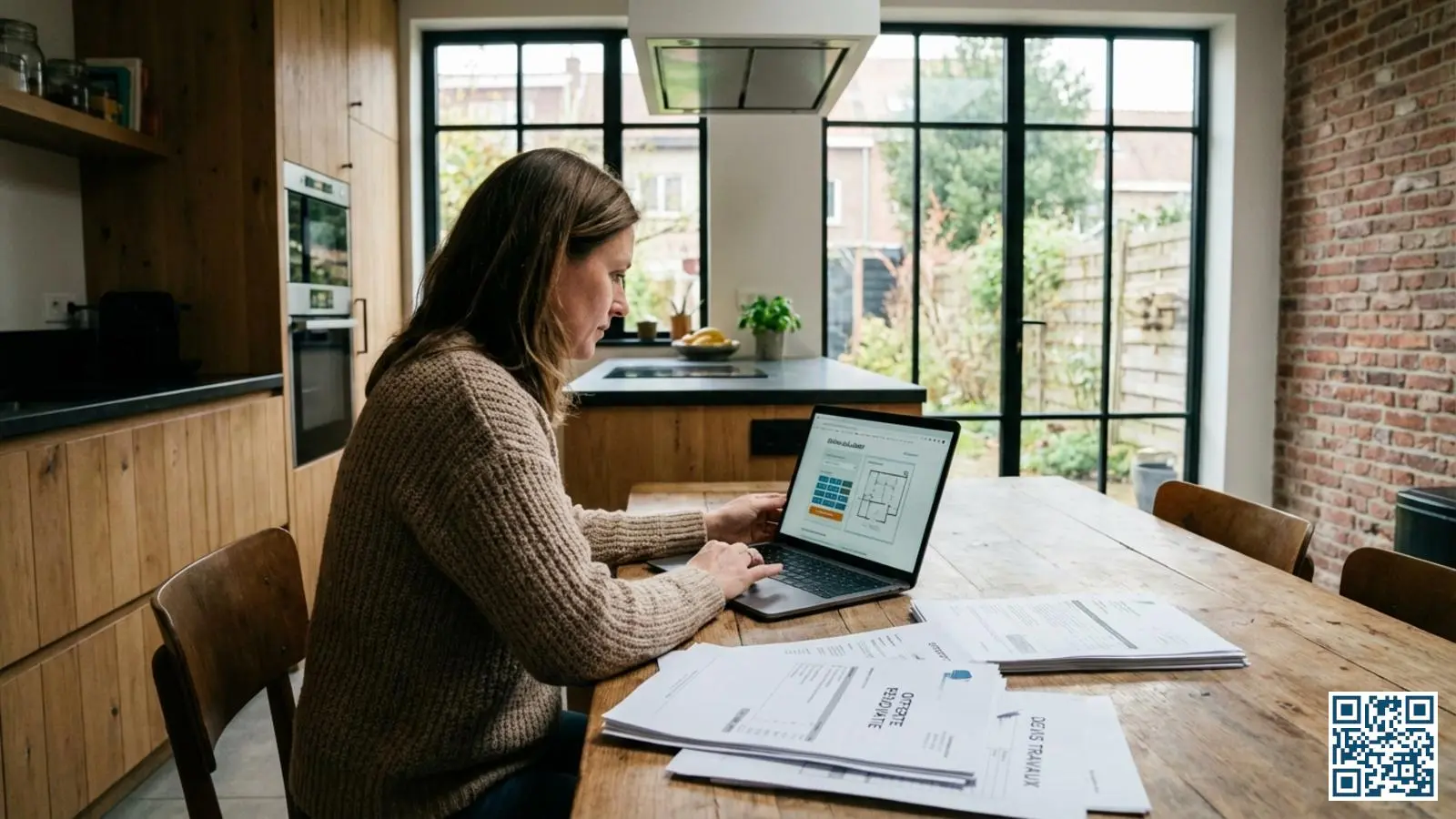 Woningeigenaar berekent premie voor HR-glas op laptop aan keukentafel met renovatiedocumenten
