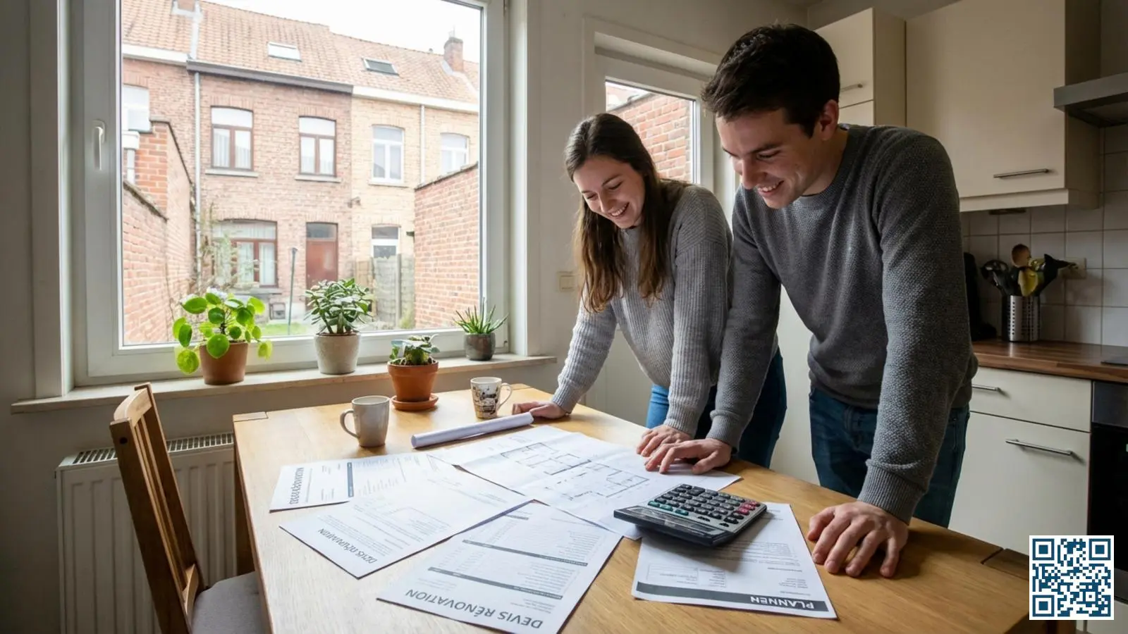 Belgisch koppel bespreekt renovatieplannen en premieberekeningen aan de keukentafel van hun rijwoning met documenten en rekenmachine