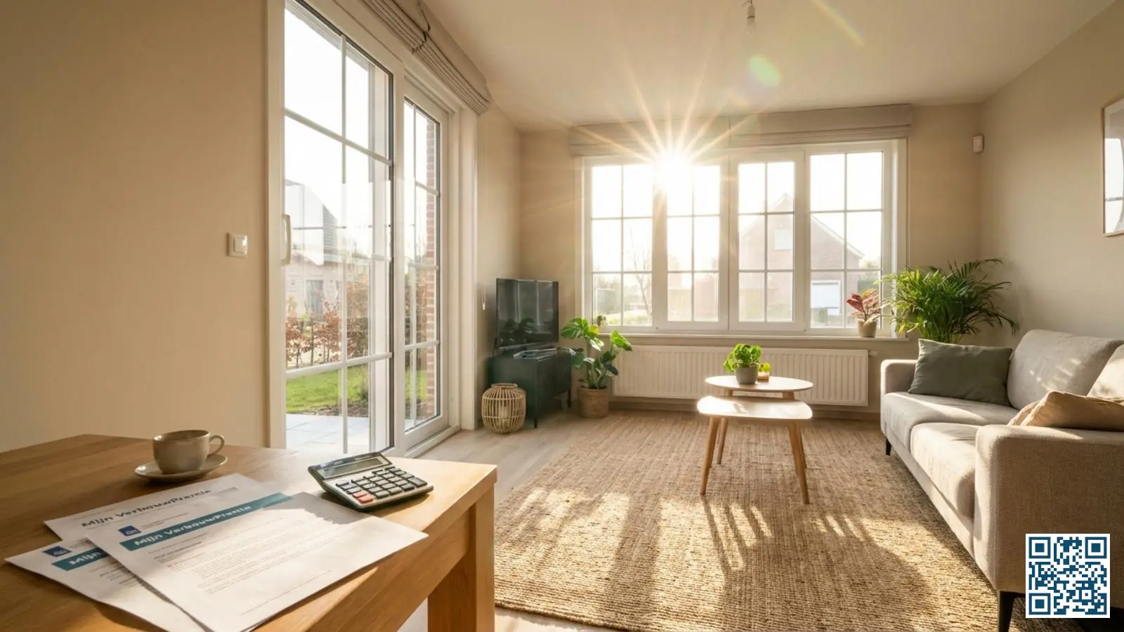 Lichte Belgische woonkamer met nieuwe HR-glas ramen en Mijn VerbouwPremie documenten op tafel