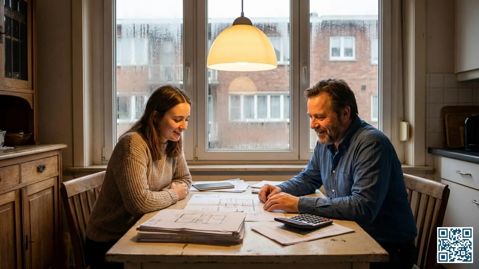 Huurder en verhuurder bespreken samen renovatiedocumenten voor glasvervanging aan keukentafel in Belgisch appartement