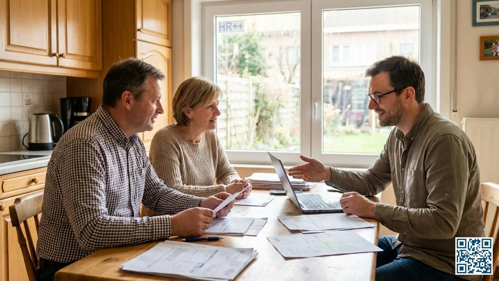 Vlaams gezin krijgt advies over MijnVerbouwLening voor HR-glas aan de keukentafel met energieconsulent