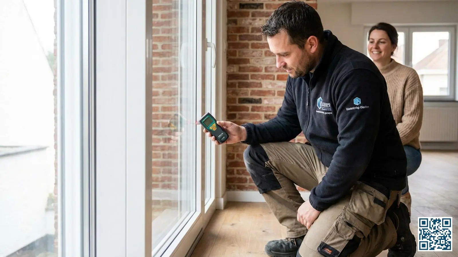 Erkende installateur controleert nieuw geplaatst HR-glas met meetapparatuur in typische Belgische rijwoning