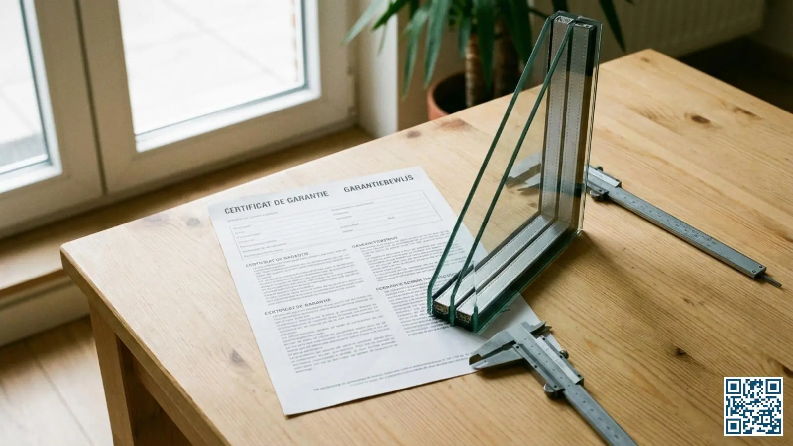 Garantiedocument naast een doorsnede van HR-isolatieglas met zichtbare randafdichting op een houten tafel