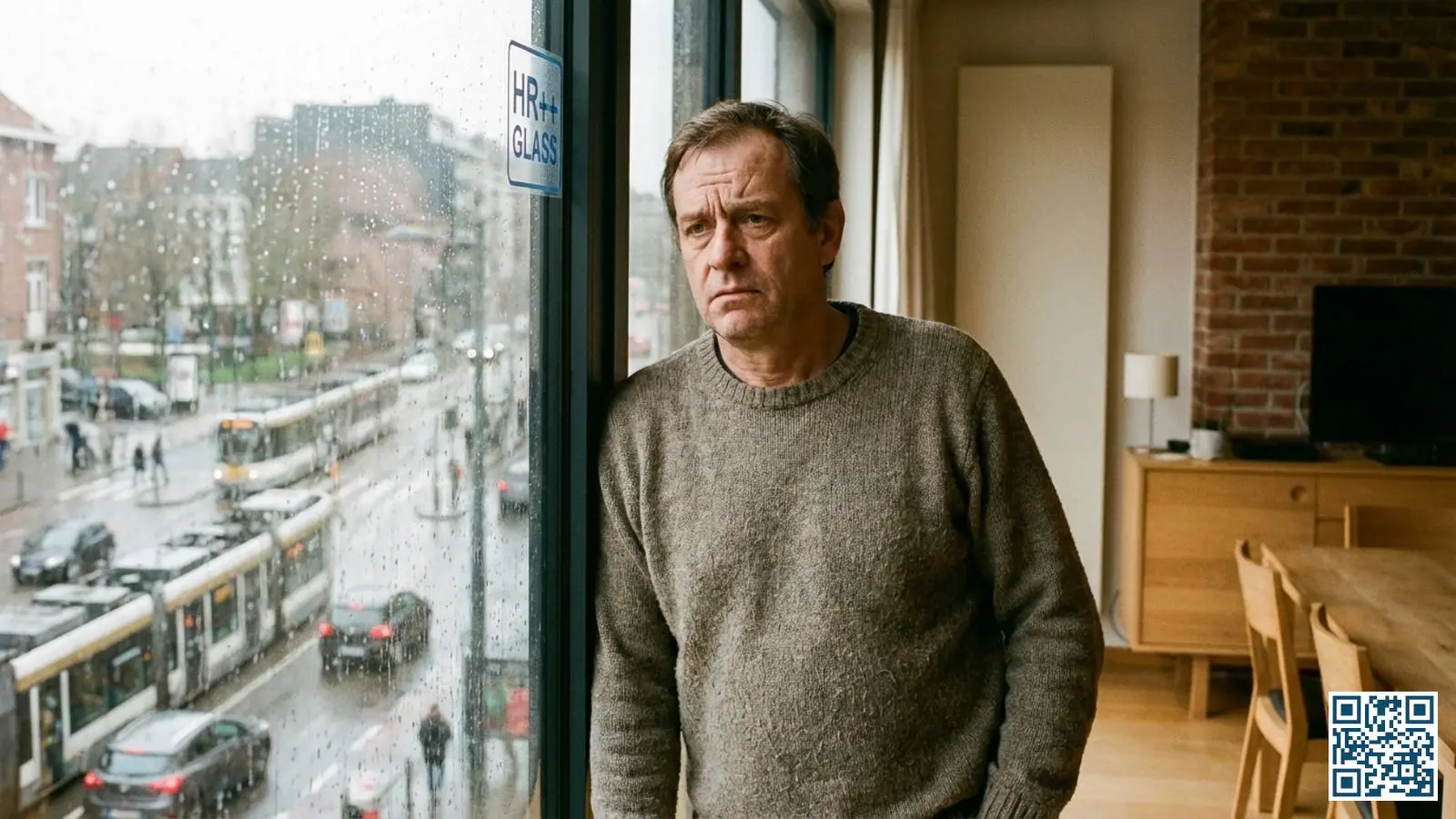 Huiseigenaar bij HR-glas raam kijkt naar drukke straat buiten, teleurgesteld over aanhoudende geluidsoverlast