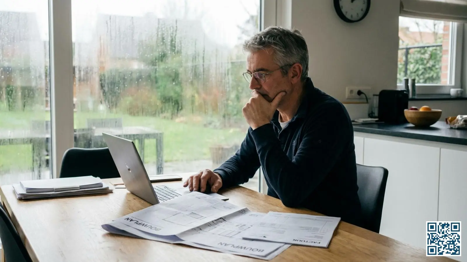 Belgische huiseigenaar bestudeert documenten voor klachtenprocedure na glasvervanging aan keukentafel