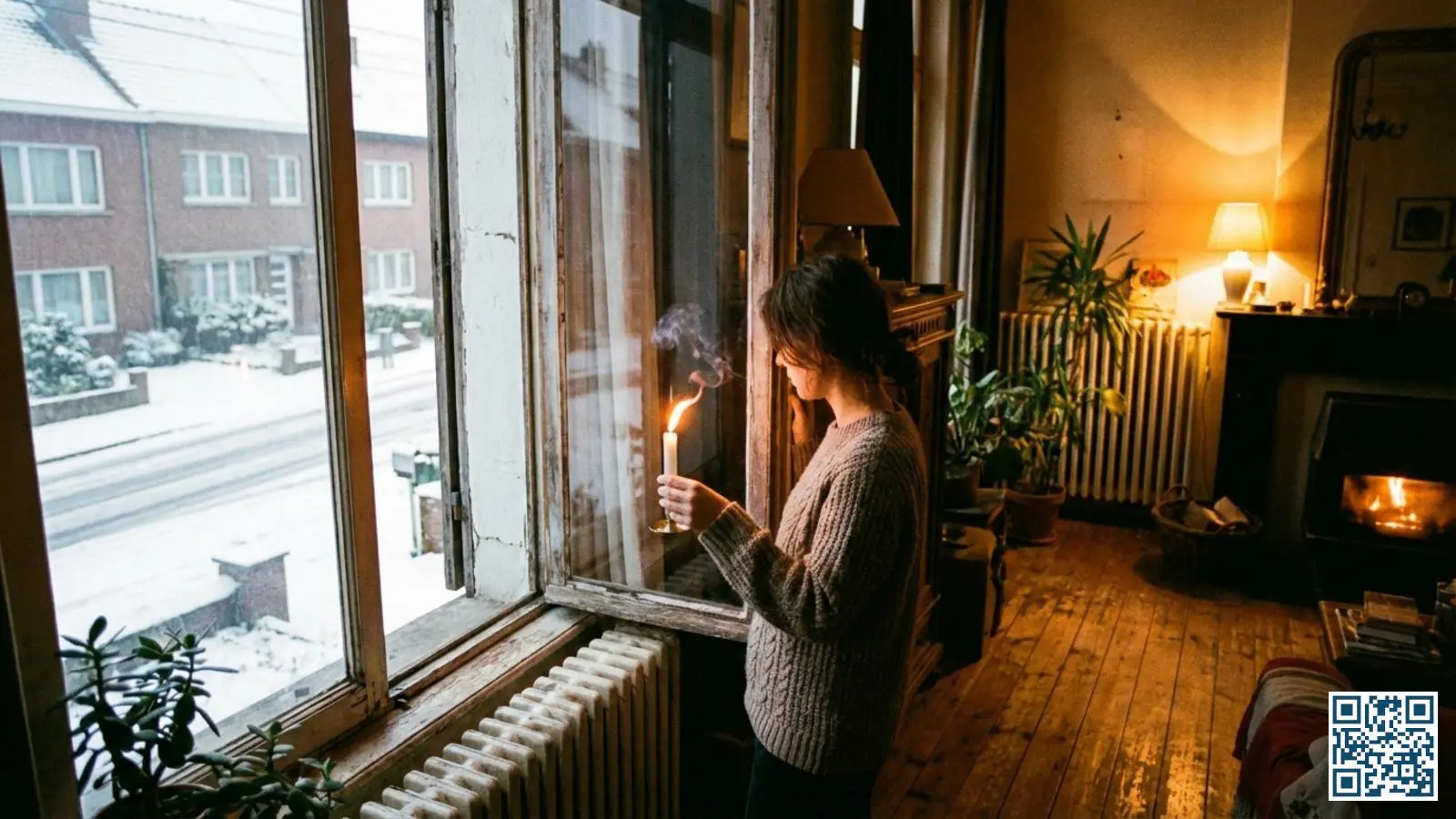 Persoon houdt brandende kaars bij raamkozijn om tocht te detecteren in Belgische woning