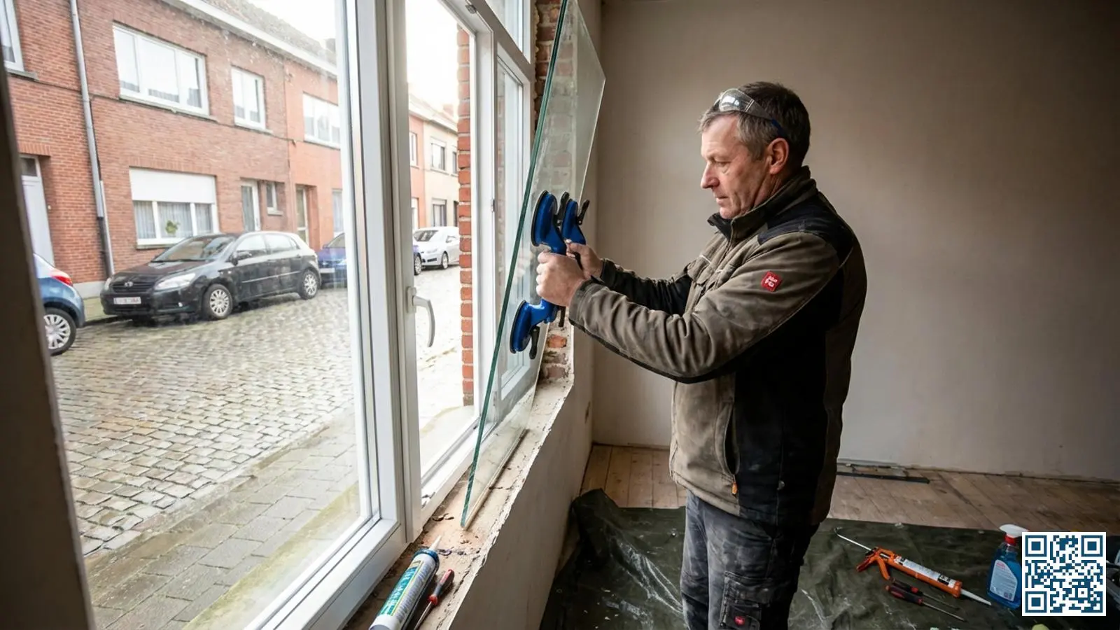 Schrijnwerker plaatst nieuw HR-glas in wit PVC-kozijn van een Belgische rijwoning met zichtbaar gereedschap