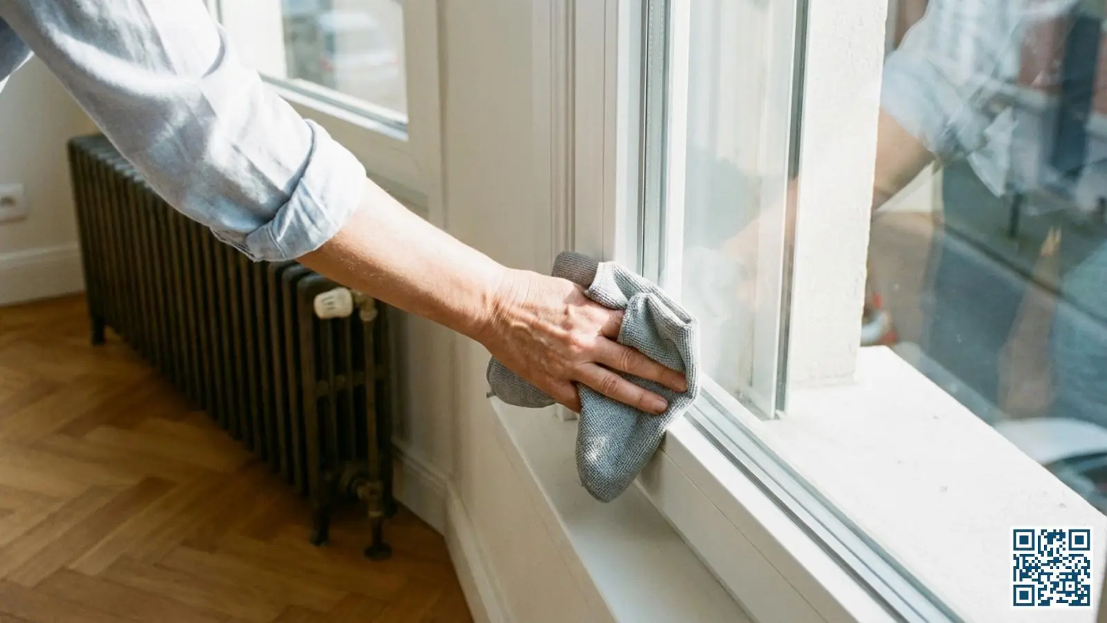 Huiseigenaar reinigt wit PVC-kozijn met HR-glas met zachte microvezeldoek in lichte Belgische woning