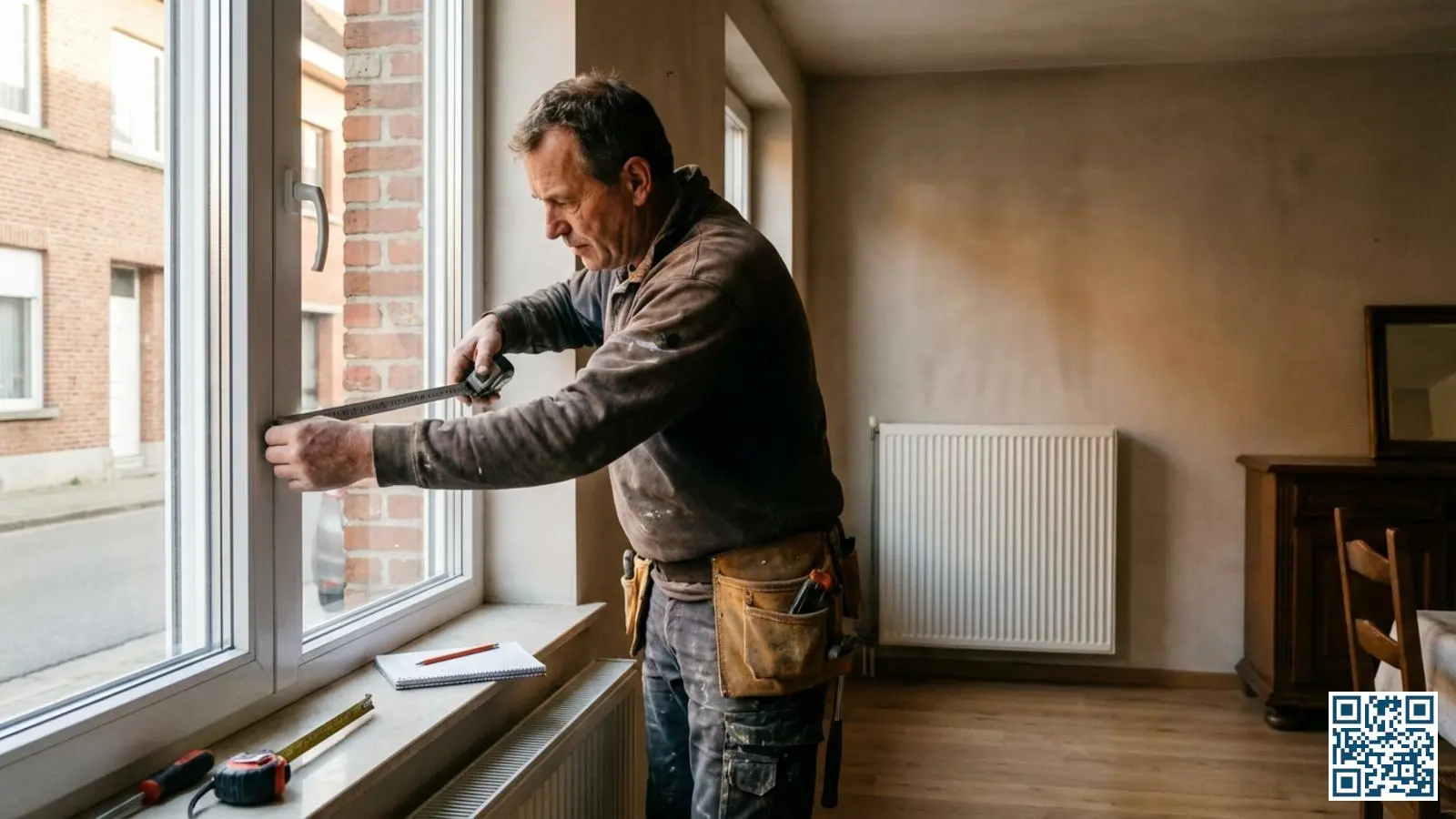 Schrijnwerker meet een wit PVC-kozijn nauwkeurig op bij een typische Vlaamse rijwoning voor glasvervanging