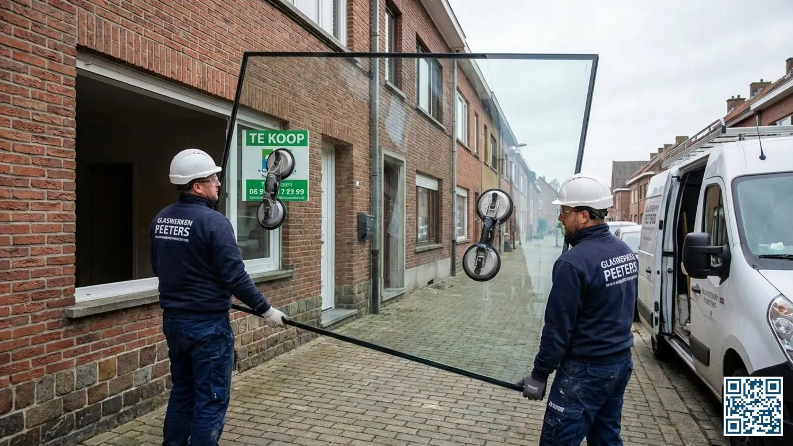Twee vakmensen tillen een zware HR-glasplaat met professionele zuignappen bij een Belgische rijwoning