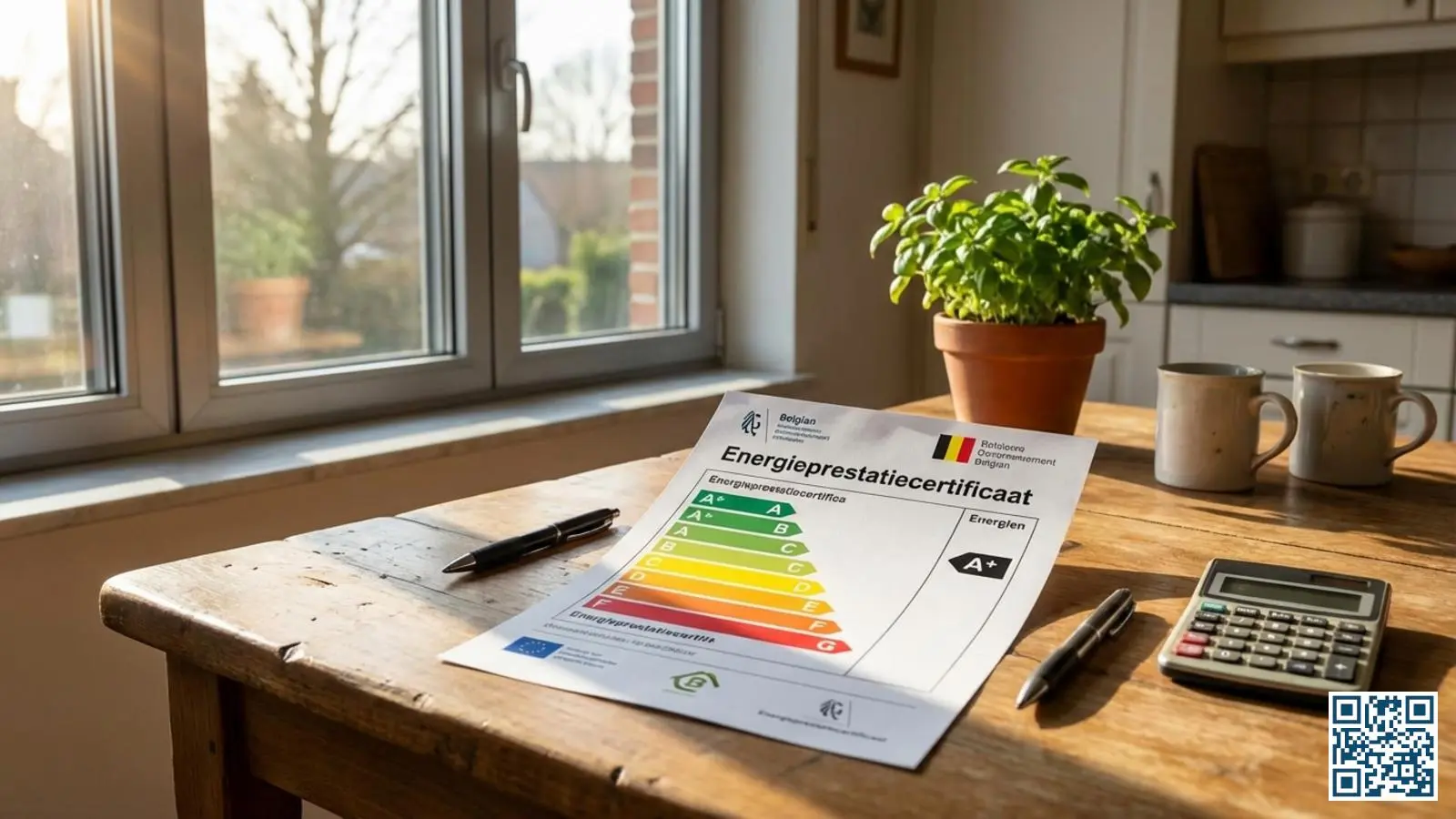 EPC-energiecertificaat met kleurenschaal op keukentafel naast raam met nieuw HR-glas in Vlaamse woning